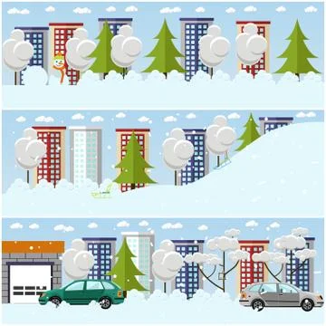 Vector set of winter cityscape concept design elements, flat style Illustrazione stock