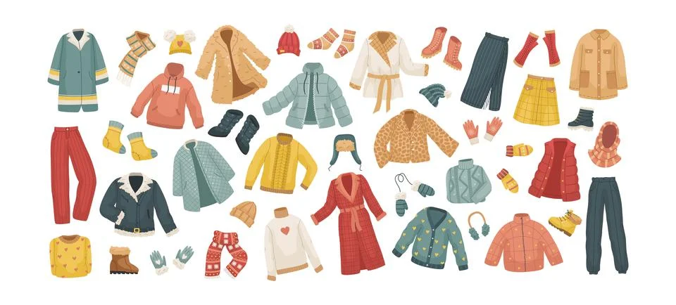The vector set of winter clothes. Coats, hats, gloves, shoes and socks. Illustrazione stock