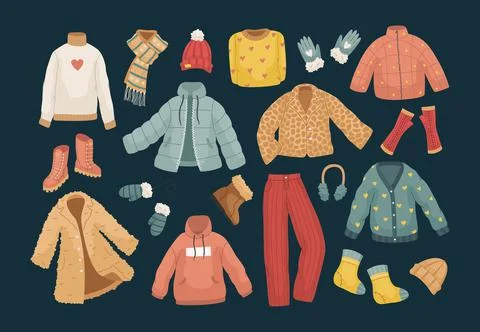 The vector set of winter clothes. Coats, hats, gloves, shoes and socks. Illustrazione stock