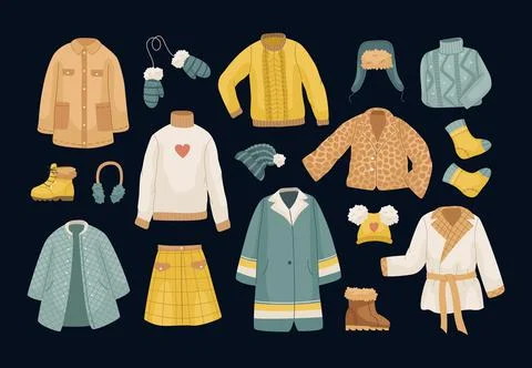 The vector set of winter clothes. Coats, hats, gloves, shoes and socks. Stock Illustration