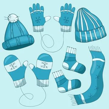 Vector set of winter clothes. Socks, hat, mittens, scarf and gloves. Stock Illustration