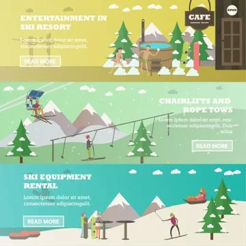 Vector set of winter fun horizontal banners in flat style 스톡 일러스트