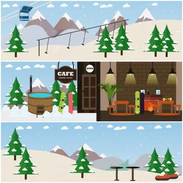 Vector set of winter fun interior flat posters, banners 스톡 일러스트