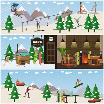 Vector set of winter fun posters, banners in flat style 스톡 일러스트