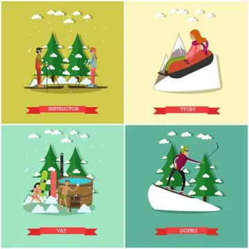 Vector set of winter fun posters in flat style Stock Illustration