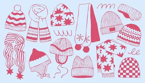 Vector set of winter hats and scarves with pink doodle patterns on light blue Stock Illustration