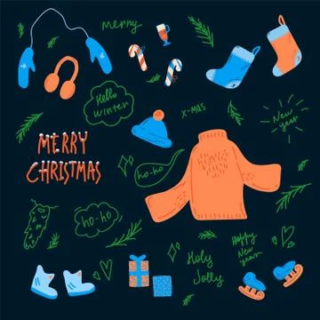 Vector set of winter holiday icons: sweater, Christmas socks for gifts, sweets Stock Illustration