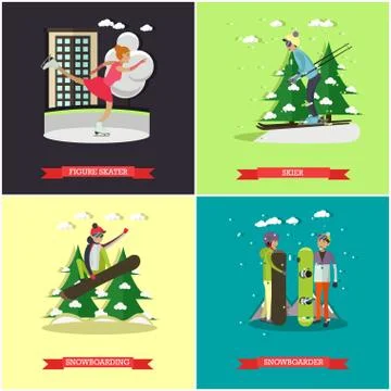Vector set of winter sports concept posters, banners, flat style 스톡 일러스트