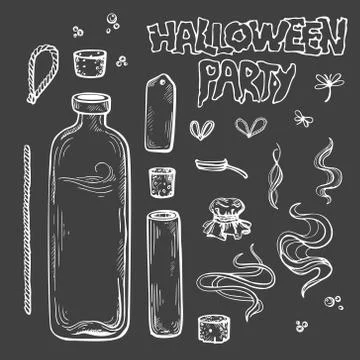 Vector set of witch bottles and cones with strings and ropes, stoppers and caps Stock Illustration