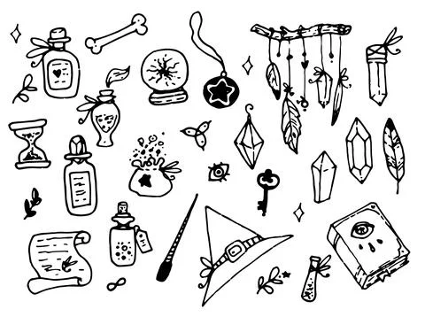 Vector set of witch magic. Isolated magic craft items, hat, crystal, flasks Stock Illustration
