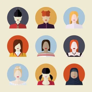 Vector set  of women avatars  different nationalities in flat st Stock Illustration