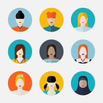 Vector set  of women avatars  in flat style different nationalit Stock Illustration