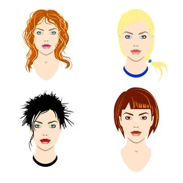 Vector set of women heads with different types of haircut and colors of eyes for Stock Illustration