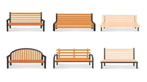 Vector set of wooden bench 3d models isolated on white background. Bench in a Illustration