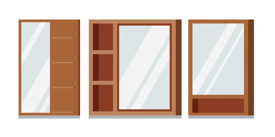 Vector set of wooden frames rectangular mirrors with shelves bathroom. Stock Illustration