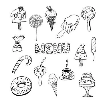Vector set, word Menu, ice cream, sweet, candy, cup of tea, cofee, cake, donat,  Stock-Illustration