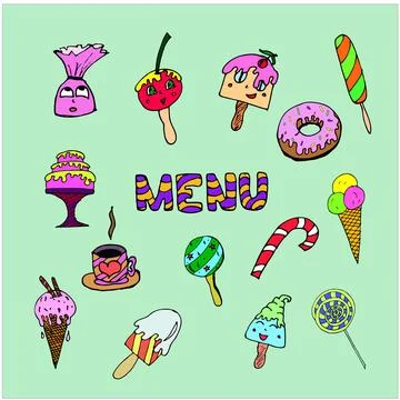 Vector set, word Menu, ice cream, sweet, candy, cup of tea, cofee, cake, donat Stock-Illustration
