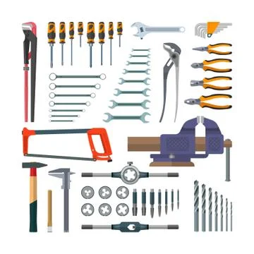 Vector set of working tools in flat style. Design elements and icons isolated Illustrazione stock