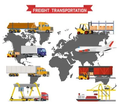 Vector set on worldwide shipping, heavy transport Stock Illustration