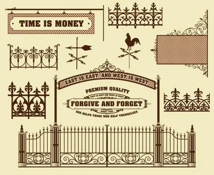 Vector set: wrought iron wicket, fence and gates grilles isolate Stock Illustration