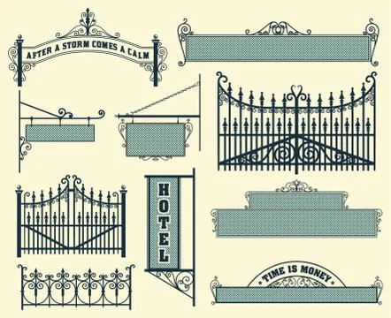 Vector set: wrought iron wicket, fence and gates grilles isolate Stock Illustration