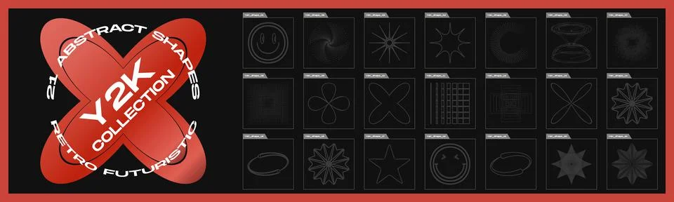 Vector set of Y2K. Big collection of abstract graphic geometric objects. Frames Stock Illustration