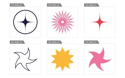 Vector set of Y2K. Brutalism star and flower shapes. Flat minimalist icons. イラスト素材