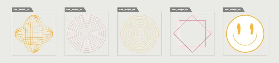 Vector set of Y2K. Rave psychedelic retro futuristic set. Flat minimalist icons. Illustrazione stock