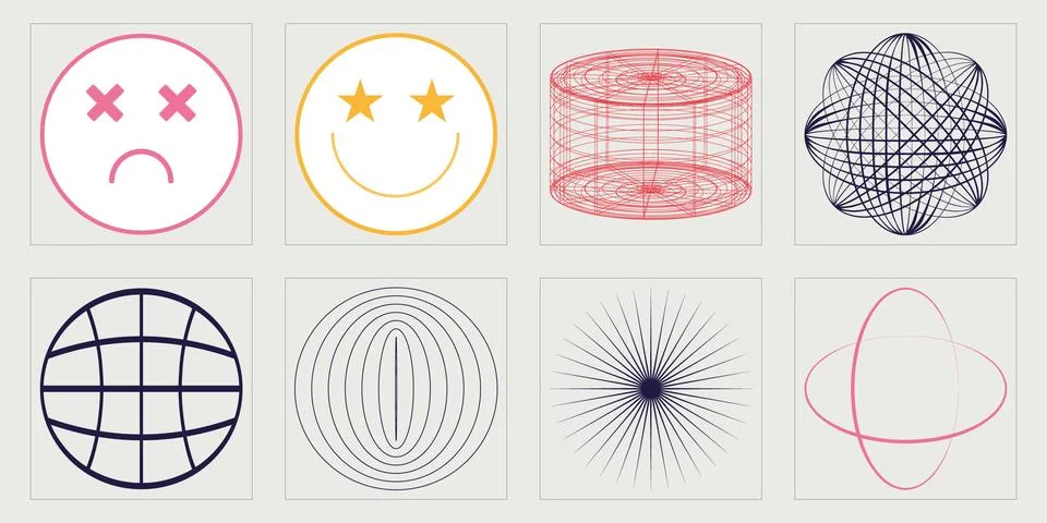 Vector set of Y2K. Rave psychedelic retro futuristic set. Templates for notes Illustrazione stock