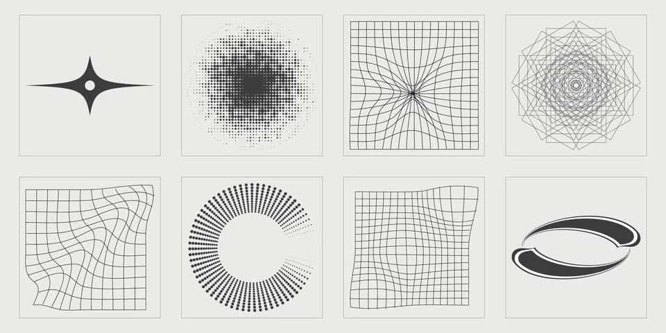 Vector set of Y2K. Trendy geometric postmodern figures. Cyberpunk elements. Stock Illustration