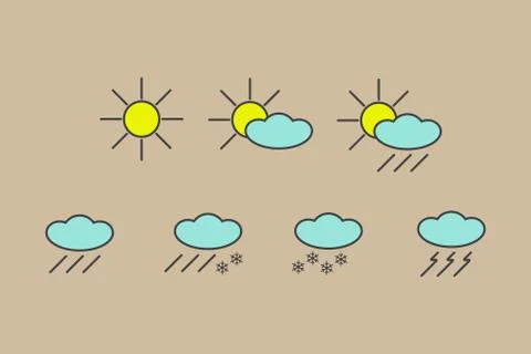 Vector set of yellow, blue, grey weather forecast icons isolated Illustration
