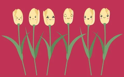 Vector set of yellow tulips. Tulips in kawaii style on pink background Stock Illustration