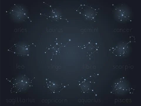 Vector set of zodiac constellations. Shining stars in the night sky. Stock Illustration