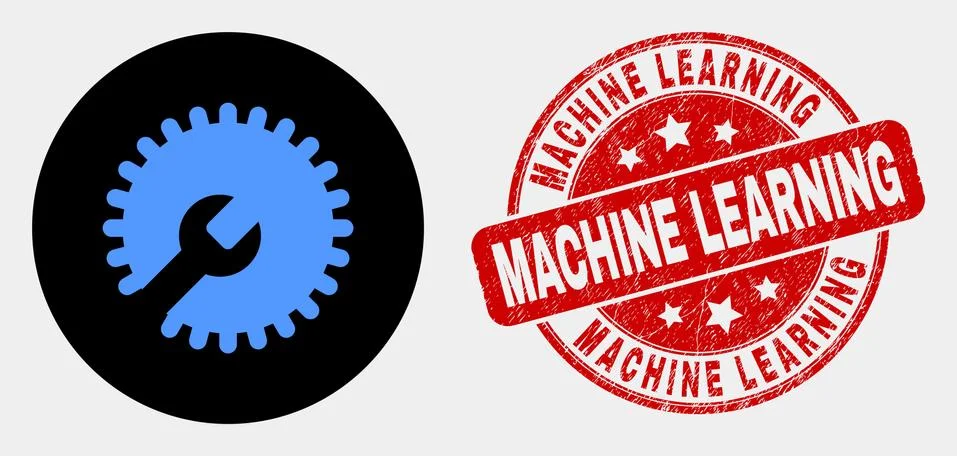 Vector Settings Gear Icon and Scratched Machine Learning Stamp Seal Stock Illustration