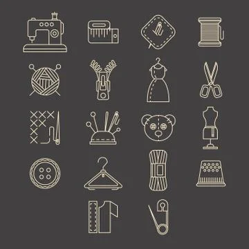 Vector Sewing Equipment and Needlework Icons Stock Illustration