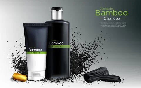 Vector shampoo with bamboo, charcoal. Ad poster Stockillustratie