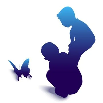 Vector shapes of children looking at butterfly Stock Illustration