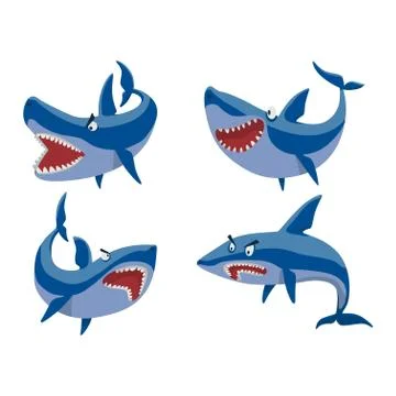 Cartoon Style Cute Sharks Family Set Vector Illustration Stock