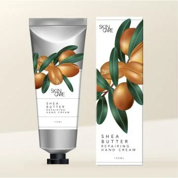 Vector Shea Butter Hand Cream Silver Metallic Tube Packaging. Stock Illustration