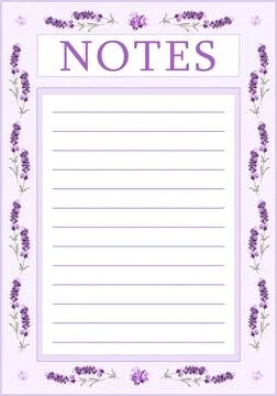 Vector sheet for notes with the inscription Notes and decor of lavender twigs Illustrazione stock