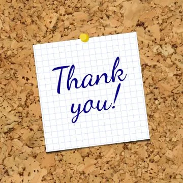 Vector sheet of paper on corkboard with phrase Thank you. Stock Illustration