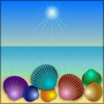 Vector shells illustration on the summer sea beach Stock Illustration