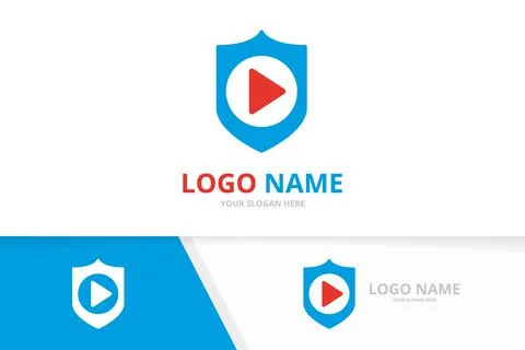 Vector shield and button play logo combination. Security and record logotype Illustrazione stock