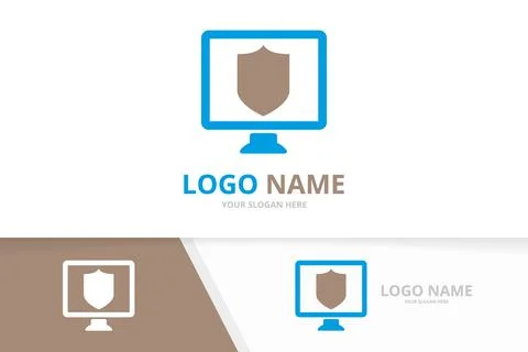 Vector shield and computer logo combination. Security and monitor logotype Stock Illustration