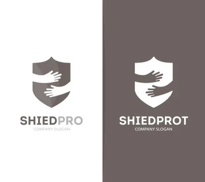 Vector shield and hands logo combination. Security and embrace symbol or icon Stock Illustration