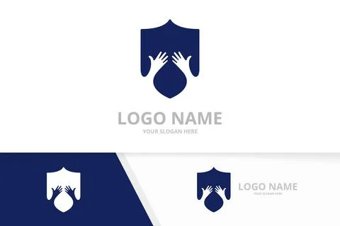 Vector shield and hands logo combination. Security embrace logotype design Stock Illustration