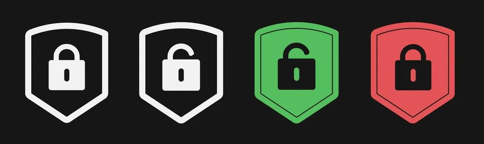 Vector shield with padlock icon set isolated on black. Stock Illustration
