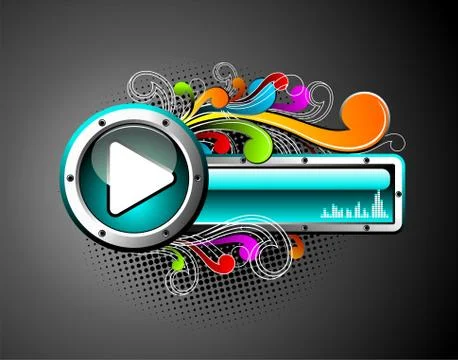 Vector shiny play button with colorfull grunge floral elements on a dark back Stock Illustration