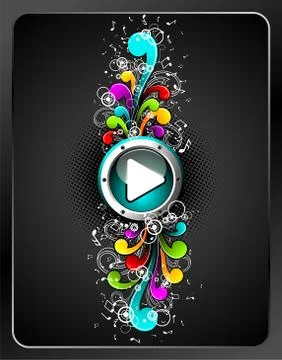 Vector shiny play button with colorfull grunge floral elements on a dark back Illustrazione stock