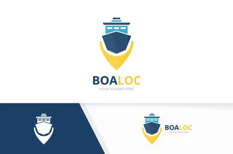 Vector ship and map pointer logo combination. Boat and gps locator symbol or Illustrazione stock